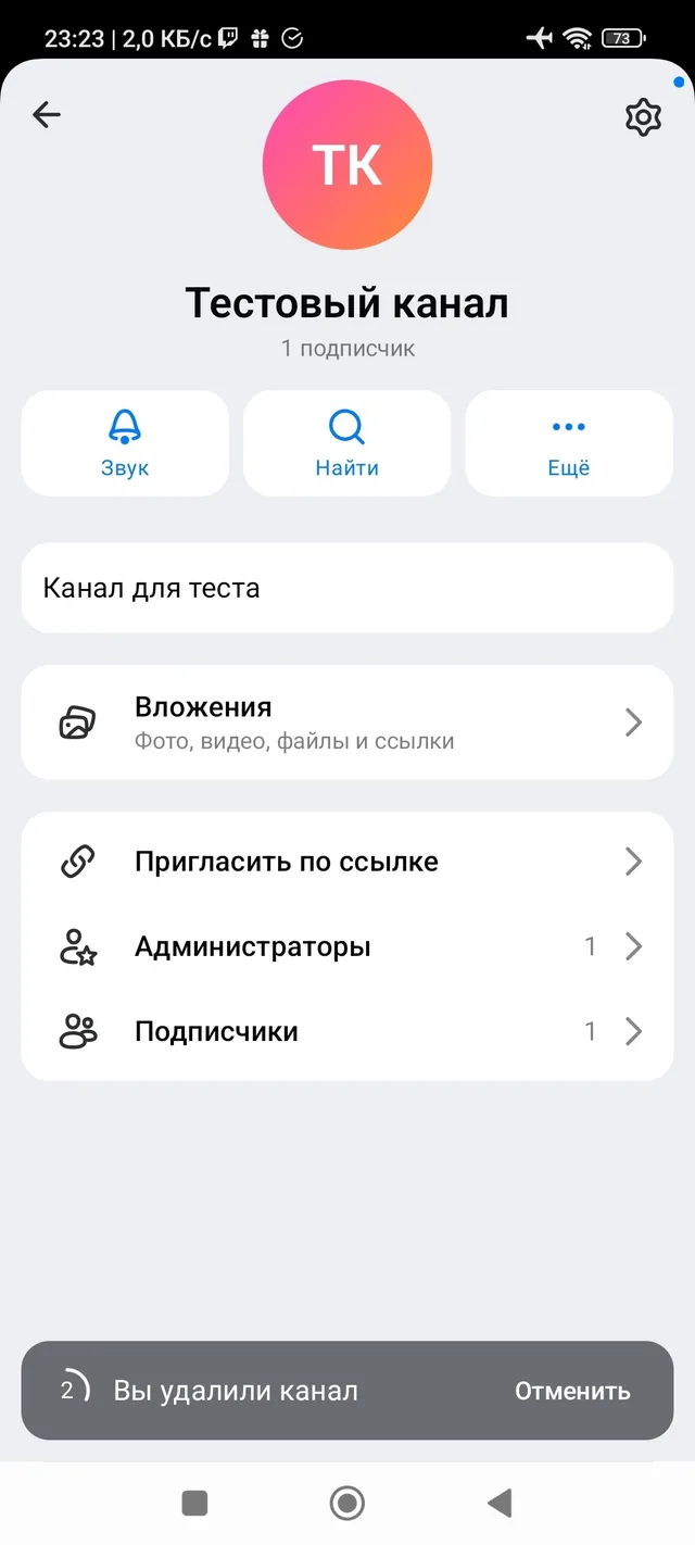 Внизу экрана надпись «Вы удалили канал» и кнопка «Отменить» с обратным отсчётом