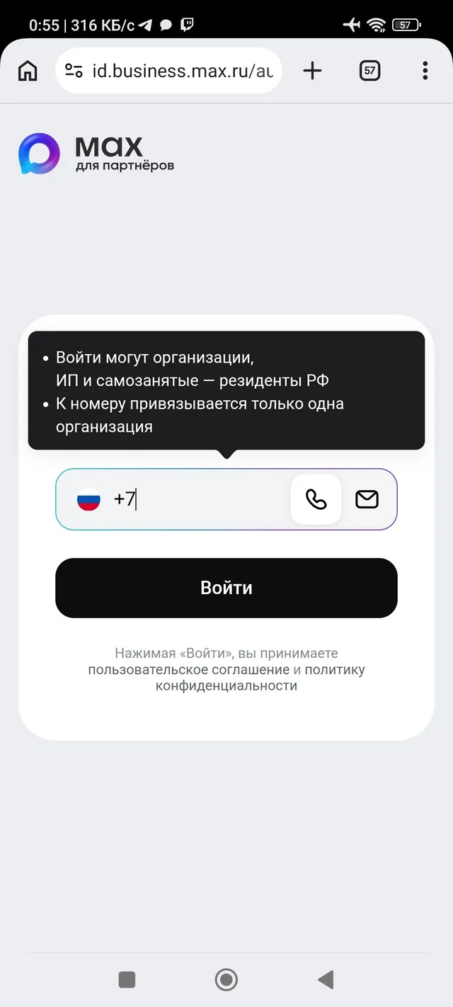Экран входа: войти могут организации, ИП и самозанятые — резиденты РФ