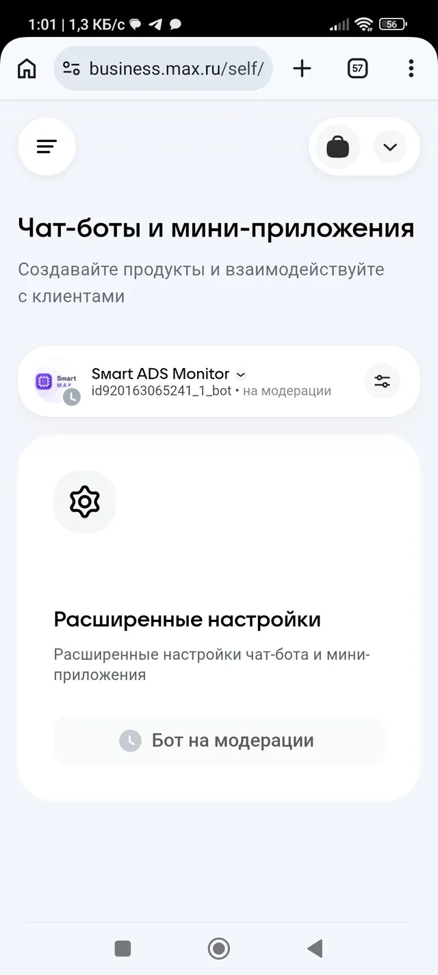 Бот в списке со статусом «на модерации»