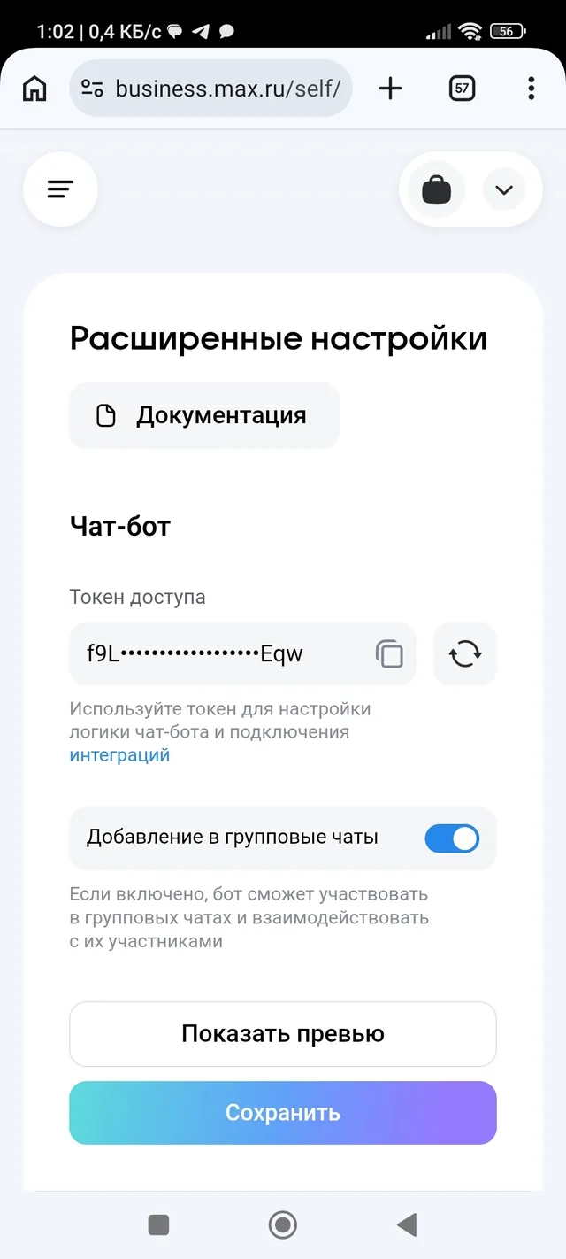 Расширенные настройки: токен доступа, тумблер групповых чатов, кнопка «Показать превью»